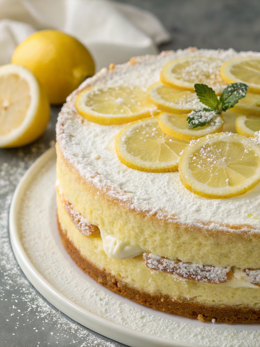 A slice of Light and Fluffy Italian Lemon Cream Cake topped with fresh lemon zest and a dusting of powdered sugar