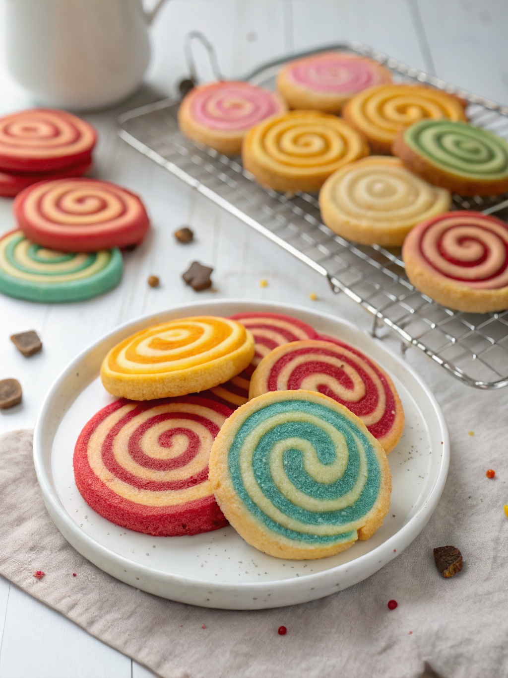 A plate of colorful and swirled Magical Spiral Cookies arranged neatly, showcasing their unique patterns.
