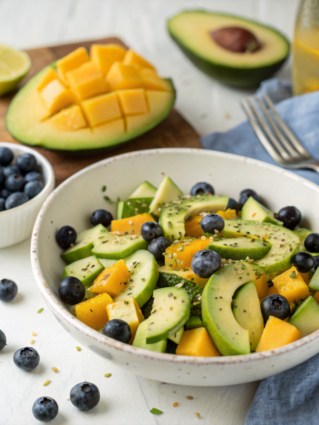 A colorful bowl of Mango Cucumber Salad featuring fresh diced mangos, crunchy cucumbers, juicy blueberries, and sliced avocado topped with cilantro and lime juice.