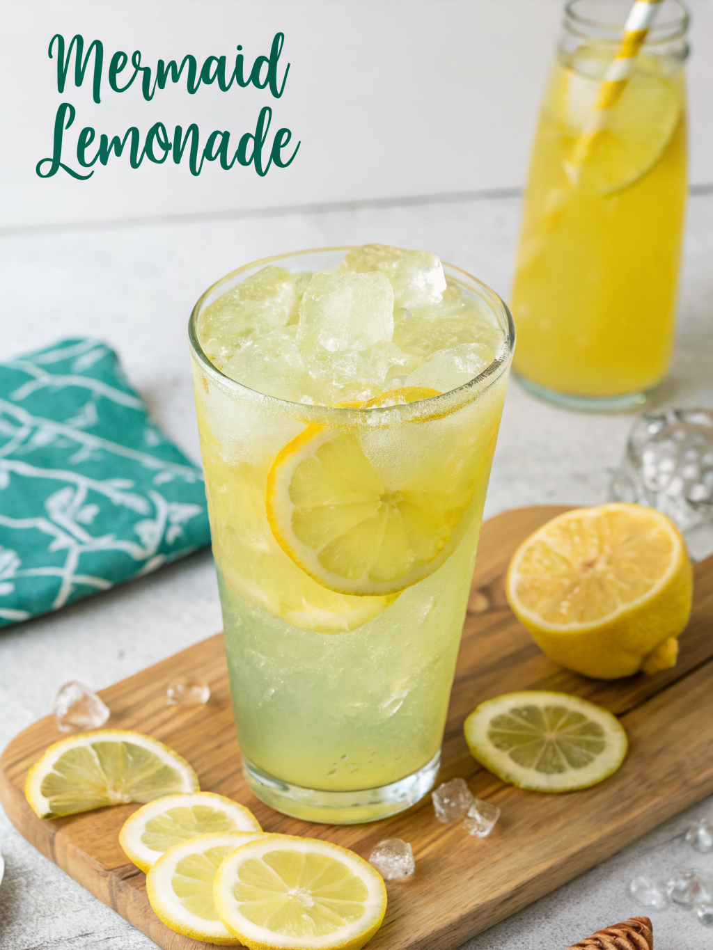 Mermaid Lemonade: 5 Fun Ways to Make This Trendy Drink at Home 3 A vibrant glass of Mermaid Lemonade garnished with fruits and ice, displaying a mixture of blue and yellow hues