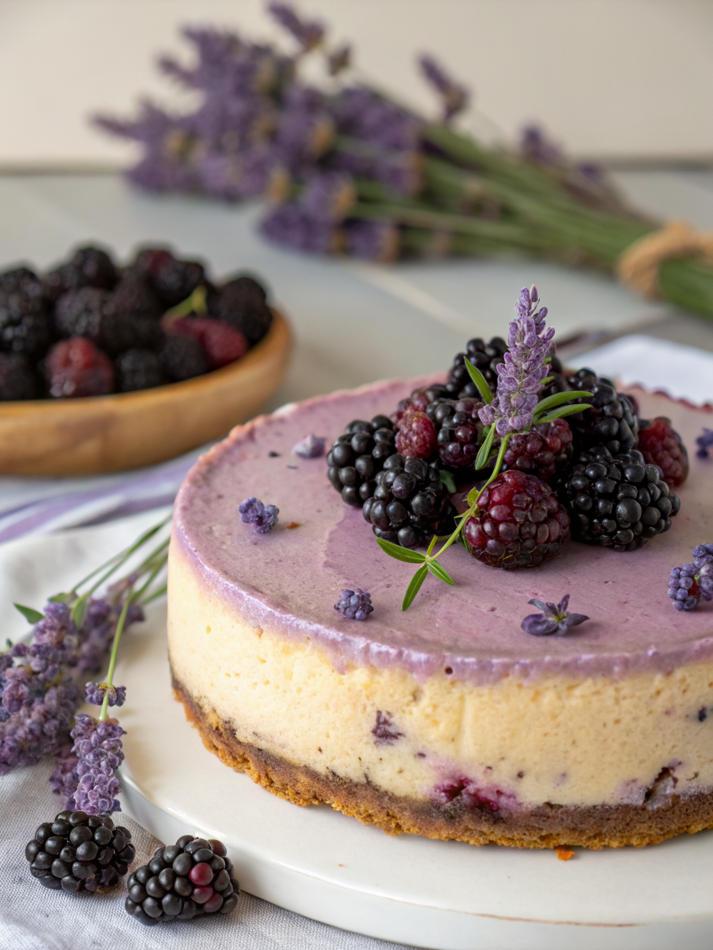 Mini blackberry lavender cheesecakes topped with fresh blackberries and sprigs of lavender