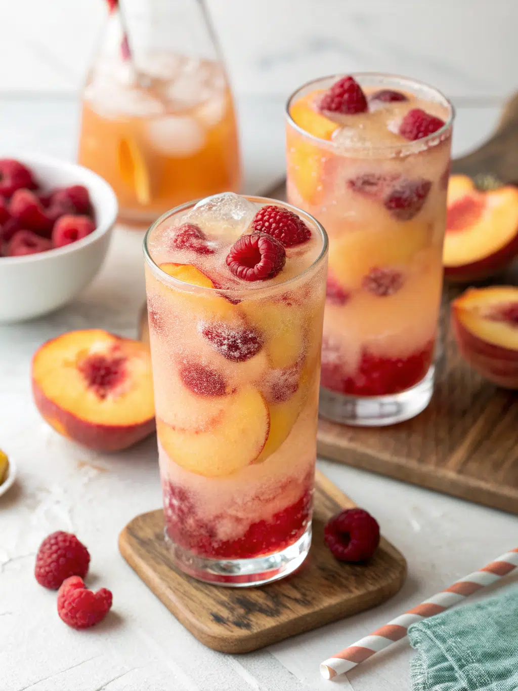 Peach Raspberry Lemonade: 5 Zesty Ways to Refresh Your Summer 3 A pitcher of vibrant Peach Raspberry Lemonade with slices of peach and raspberries, garnished with fresh mint leaves