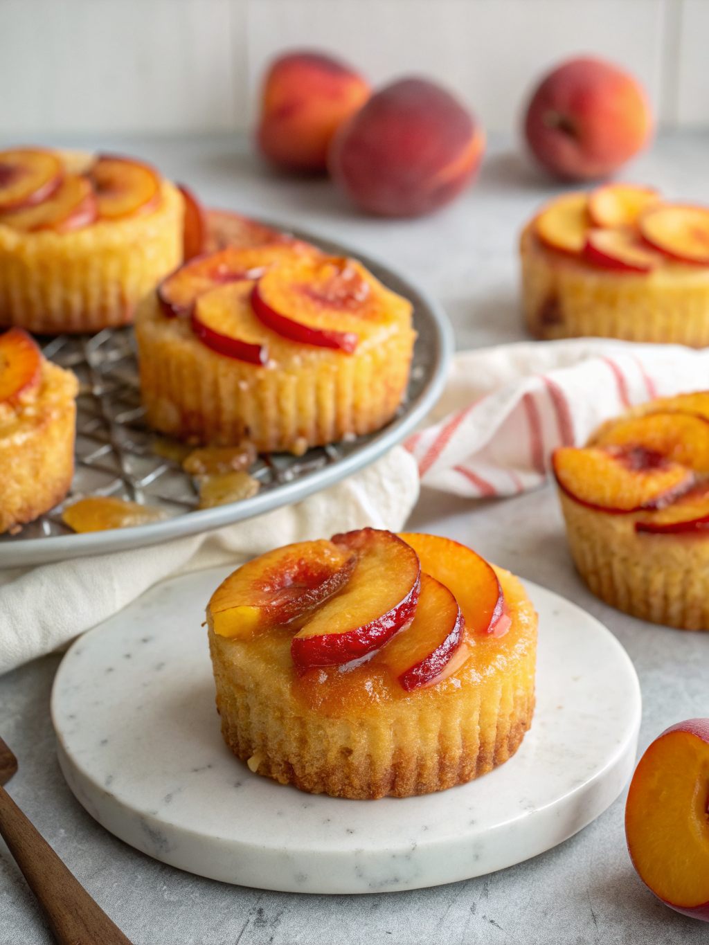 Peach Upside Down Mini Cakes (Cupcakes): 7 Easy Steps to Sweetness 3 Delicious peach upside down mini cakes beautifully arranged on a serving plate, showcasing their golden-brown tops and vibrant peach slices