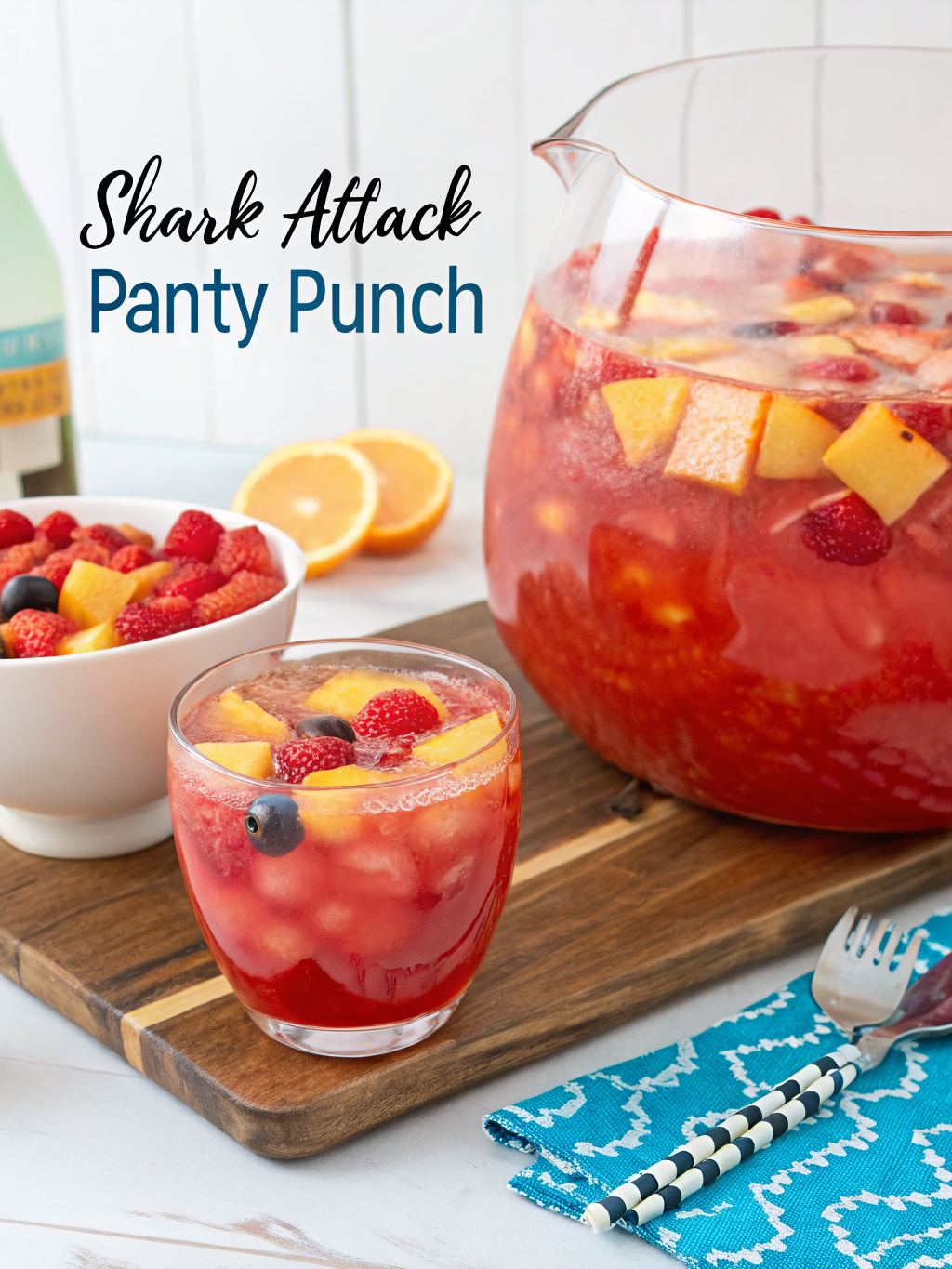 A vibrant blue punch bowl filled with Shark Attack Party Punch, garnished with tropical fruits and gummy sharks.