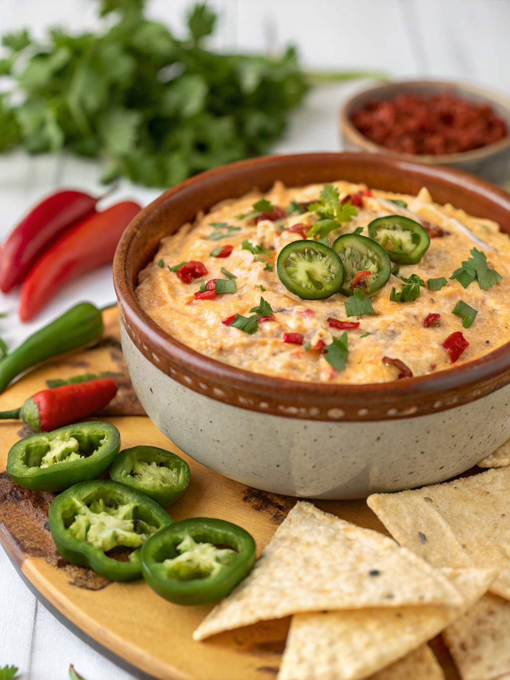 A vibrant bowl of Spicy Roasted Jalapeño Cowboy Cream Cheese Dip surrounded by tortilla chips and fresh vegetables