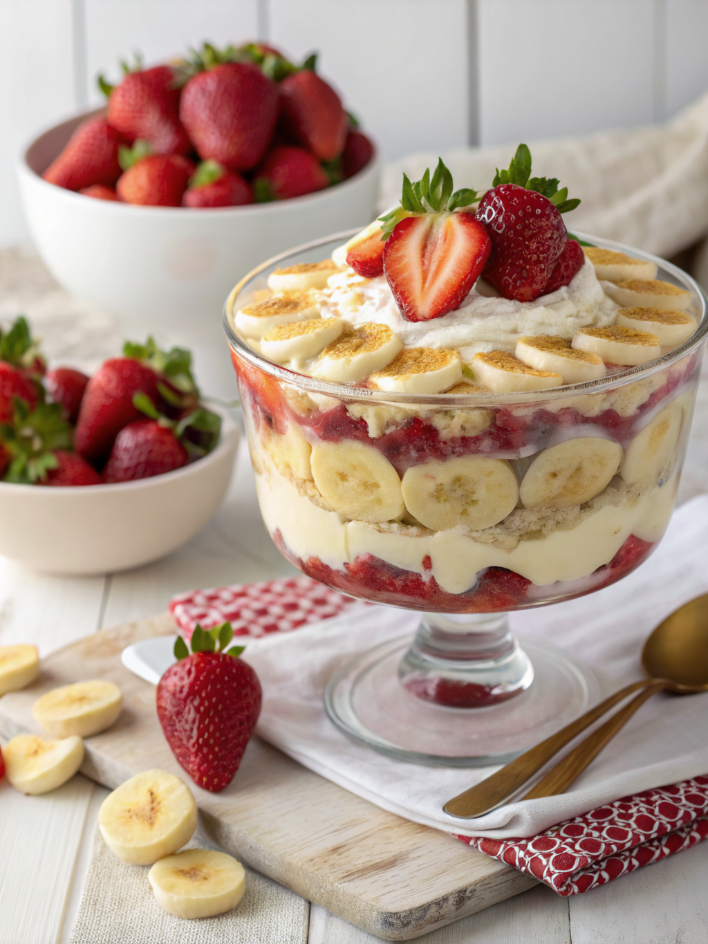 A delightful bowl of strawberry banana pudding layered with fresh fruit slices and whipped cream
