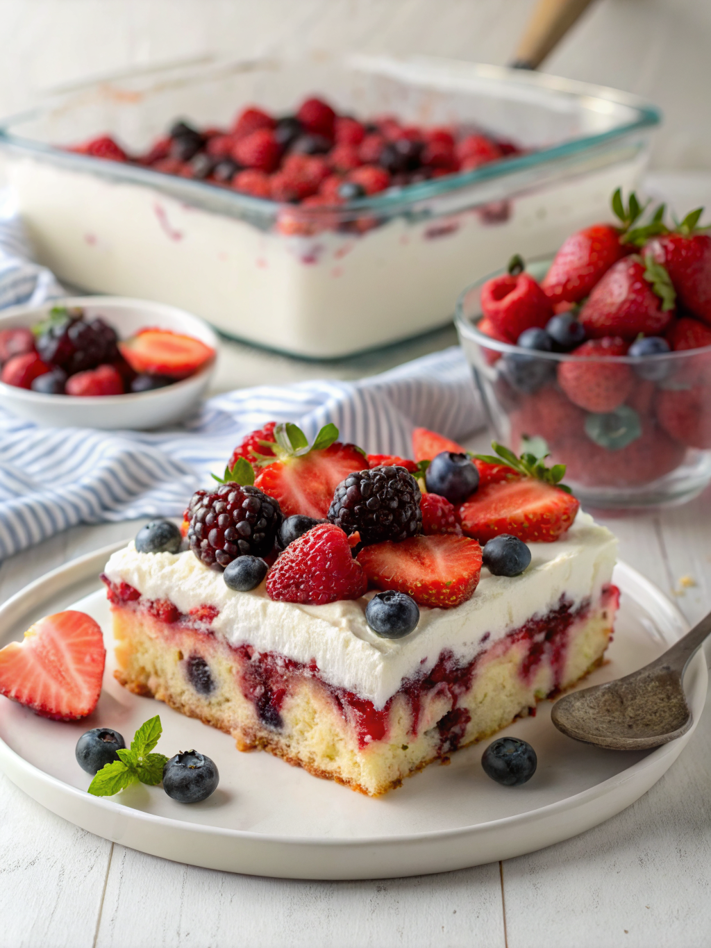 A beautifully presented Summer Berry Poke Cake topped with mixed berries and whipped cream