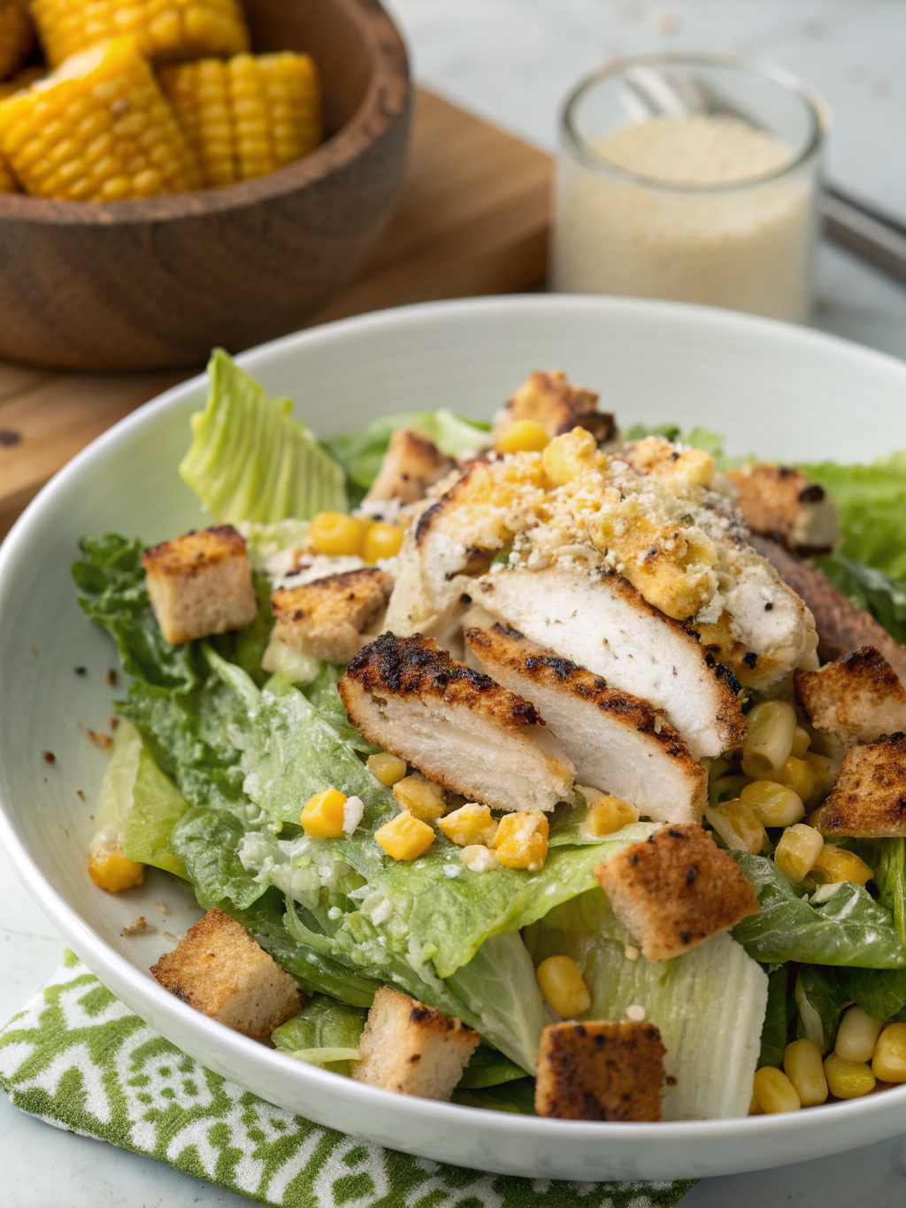 Summer Caesar Salad with Charred Sweet Corn (20 Minutes): 5 Ways to Make It Your Go-To Salad 3 A colorful bowl of Summer Caesar Salad topped with charred corn, croutons, and Parmesan cheese