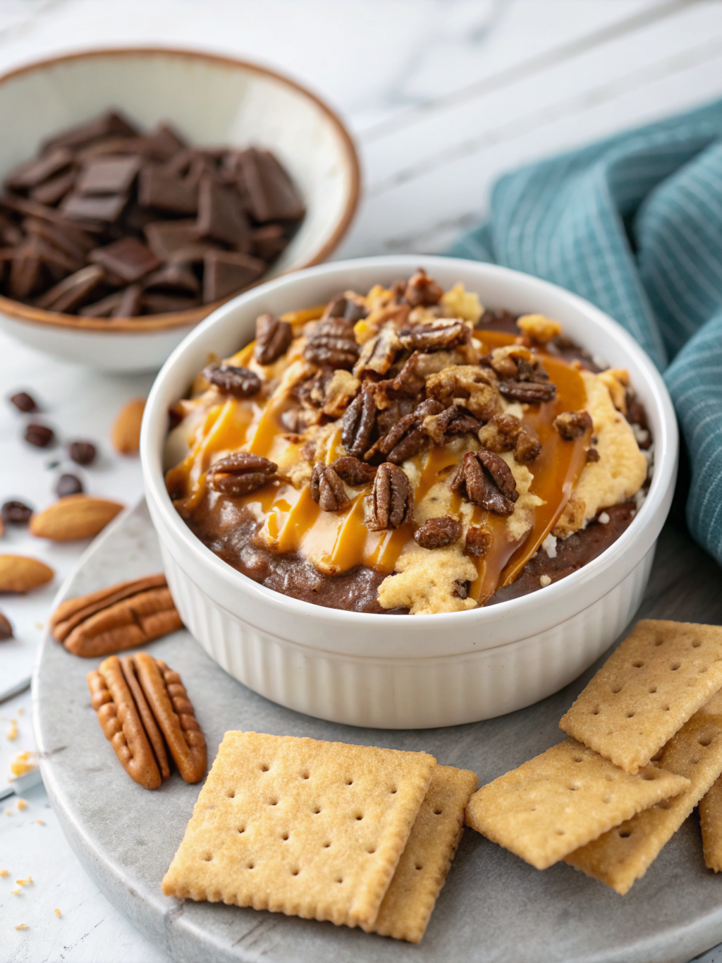 A delicious bowl of Turtle Cheesecake Dip surrounded by fruits and crackers