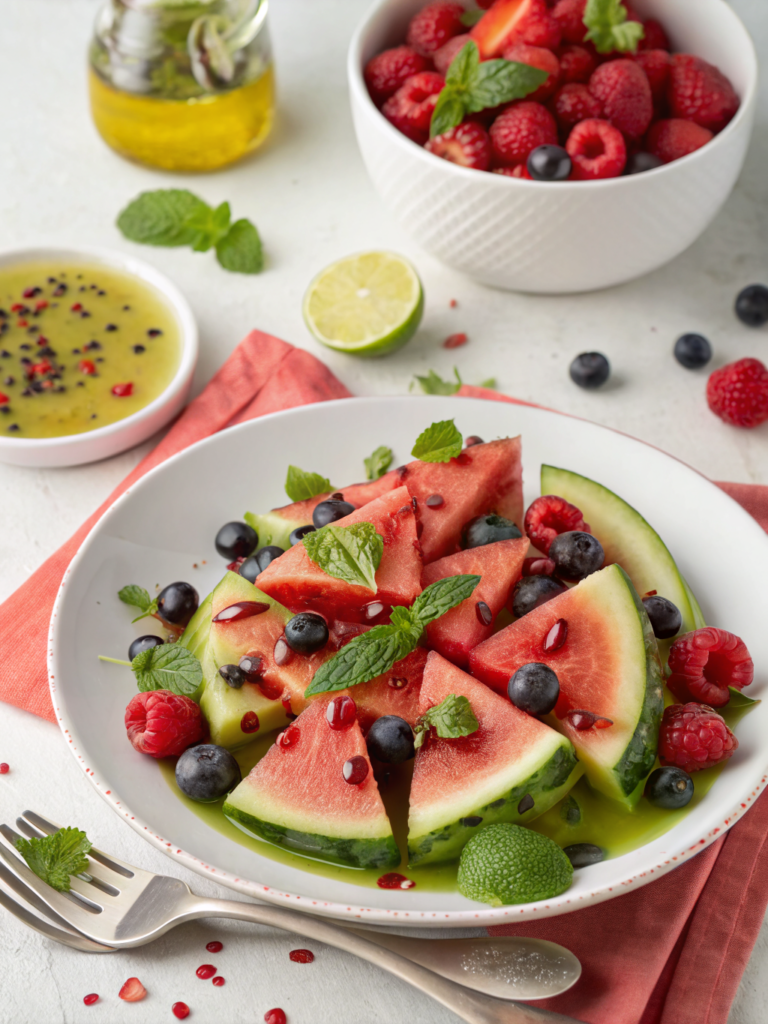 Watermelon Fruit Salad with Berries and Lime Dressing