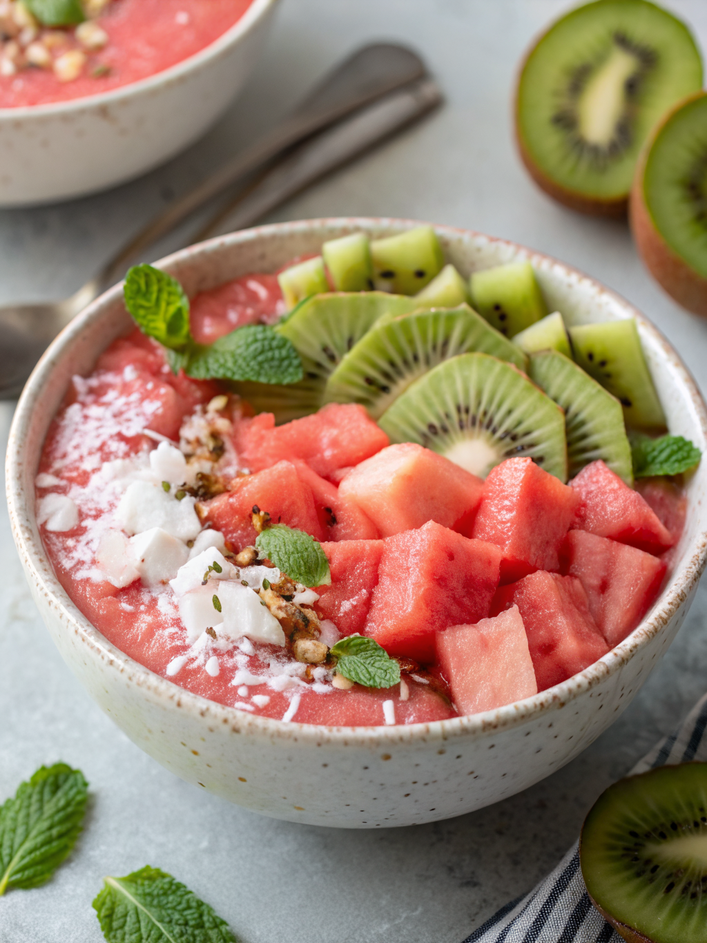 Watermelon smoothie bowl recipe easy: 3 steps for a refreshing treat 3 A beautifully garnished watermelon smoothie bowl topped with sliced fruits and granola