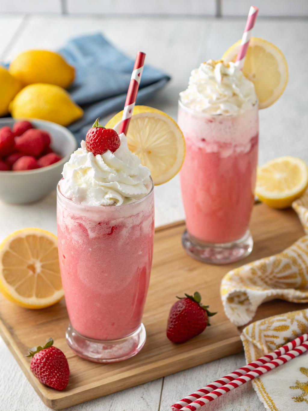 A tall glass of whipped pink lemonade topped with fresh lemon slices and mint leaves