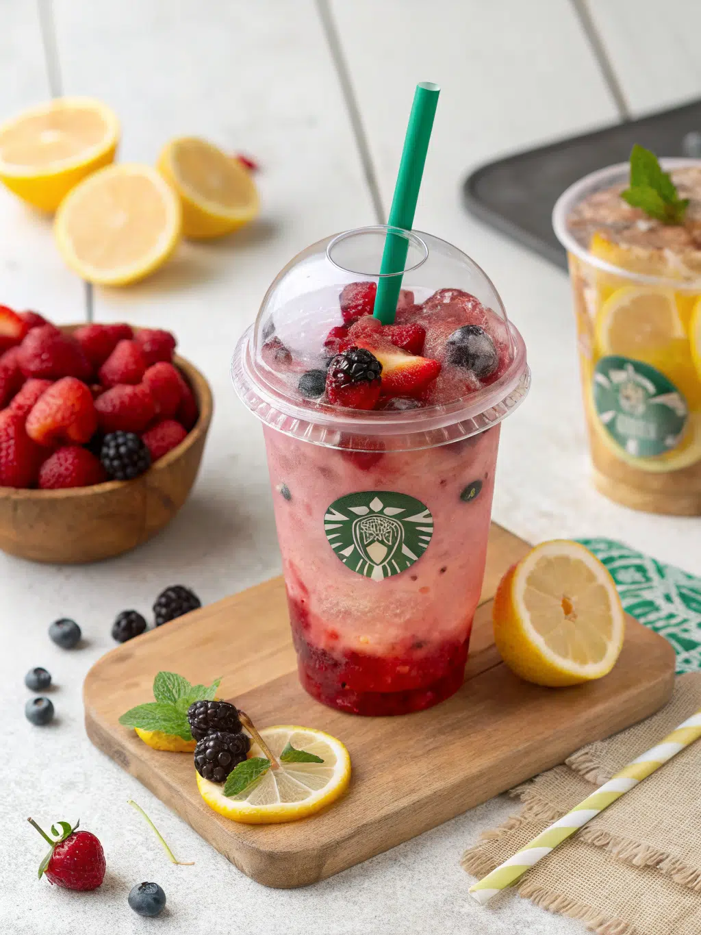 A tall glass of summer berry lemonade topped with fresh strawberries and blueberries, garnished with mint leaves