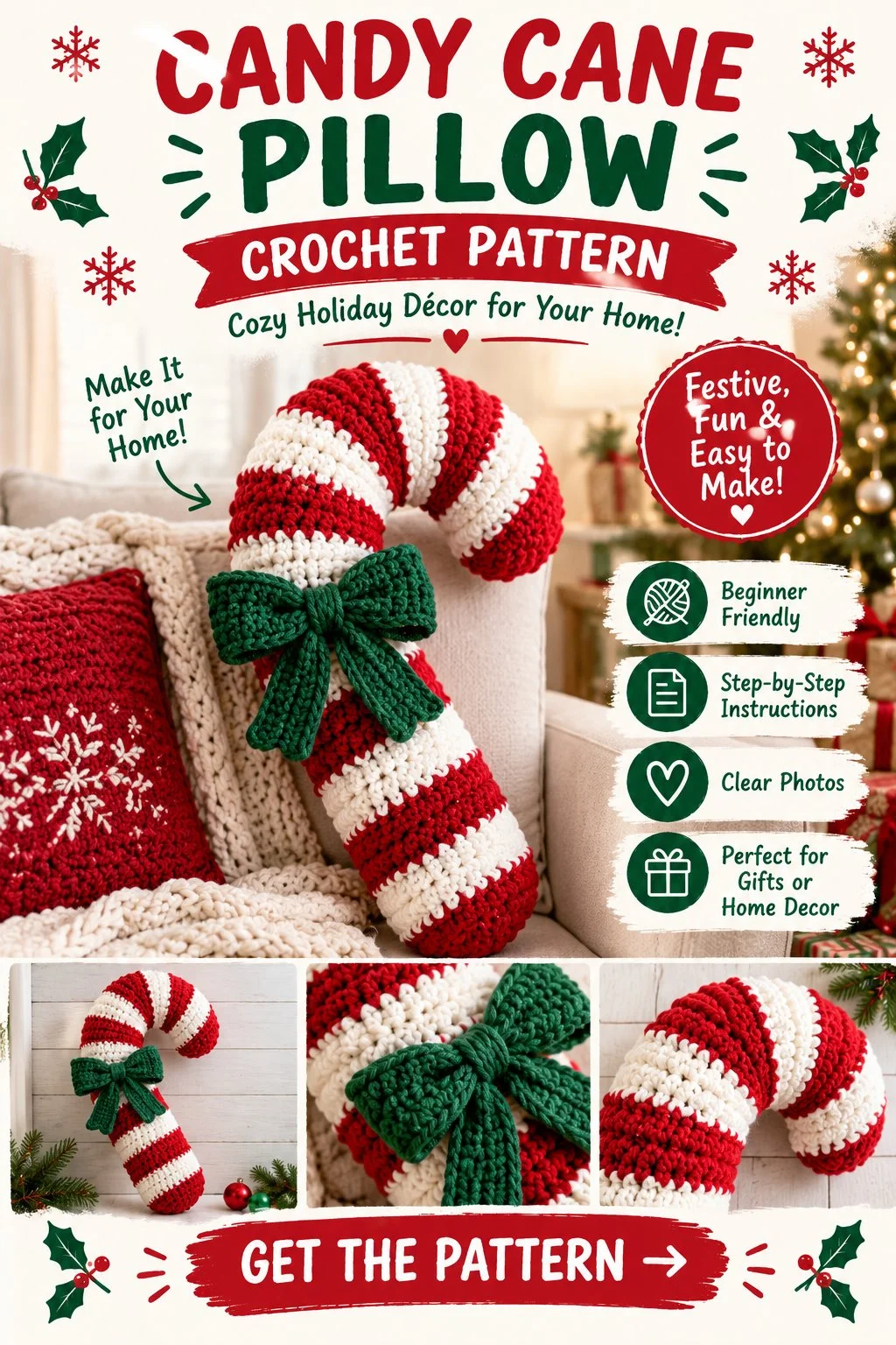 Candy Cane Pillow Crochet Pattern for Christmas
