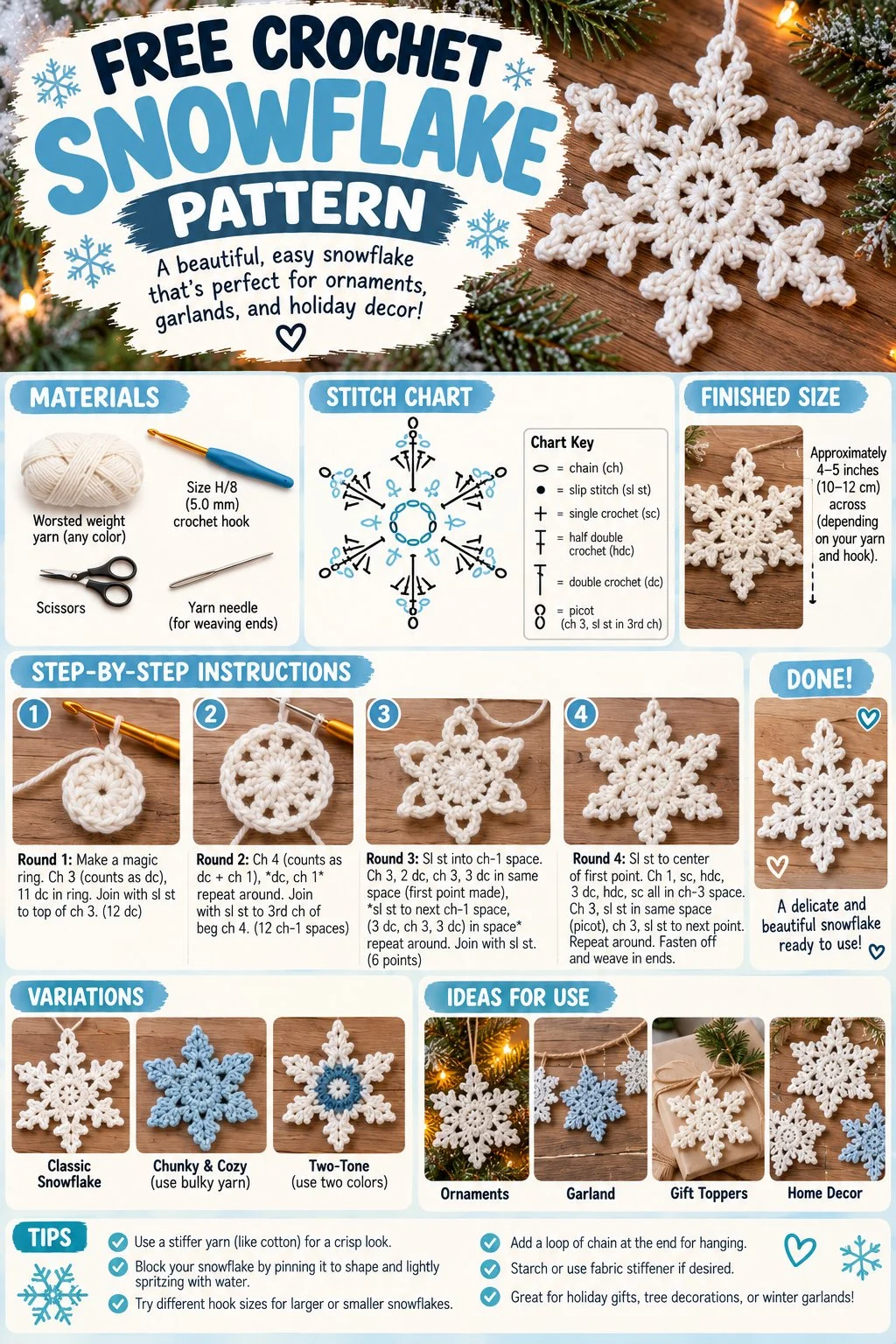 Free Crochet Snowflake Pattern | Simple snowflake crochet pattern free, Holiday crochet, Christmas crochet patterns free