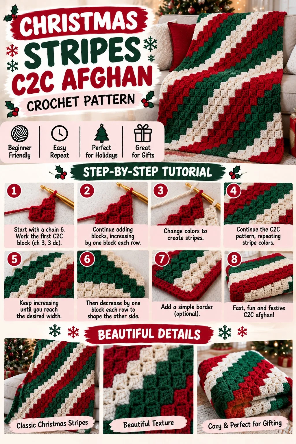Christmas Stripes C2C Afghan Crochet Pattern