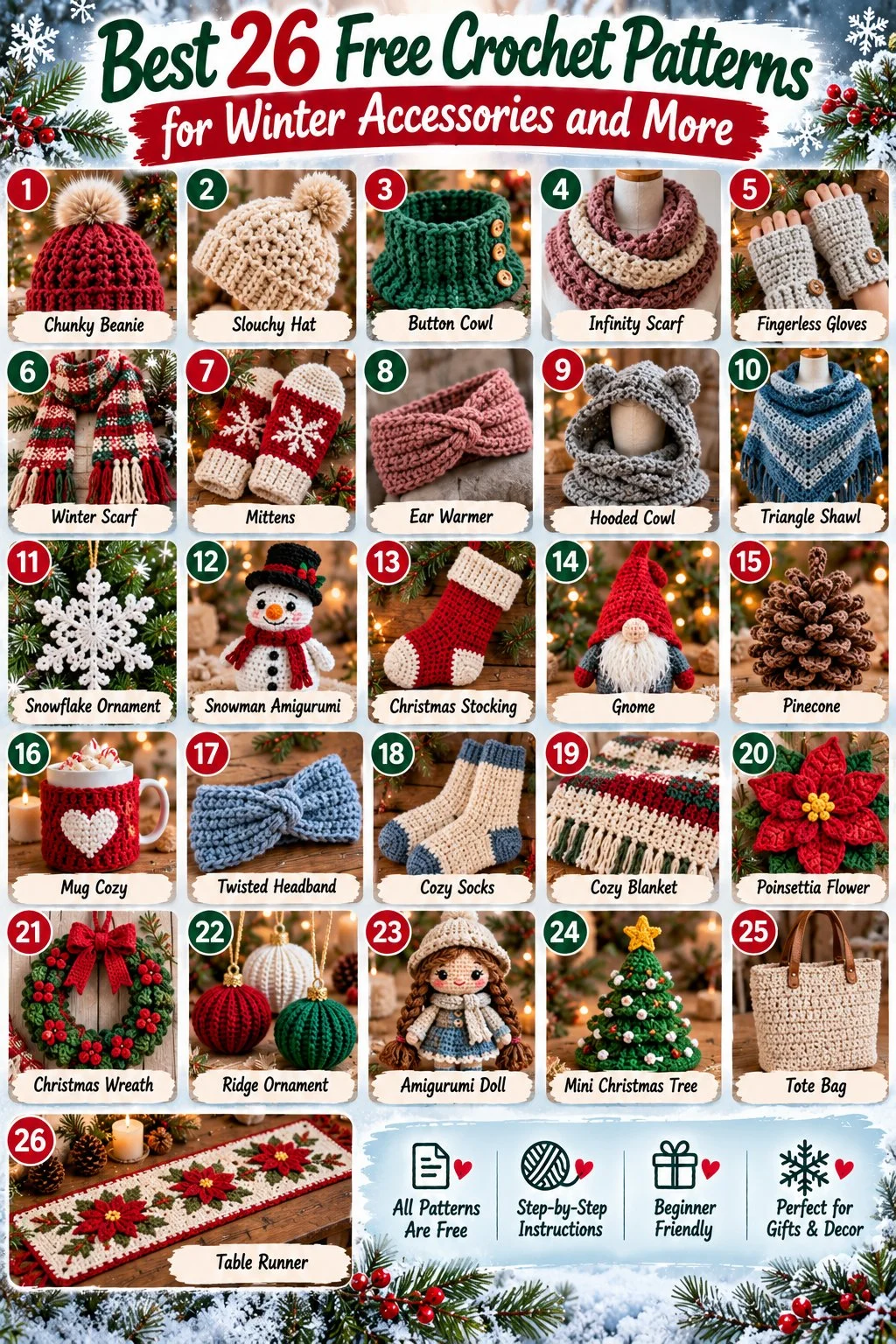 A collection of free crochet patterns for winter accessories like hats and scarves.