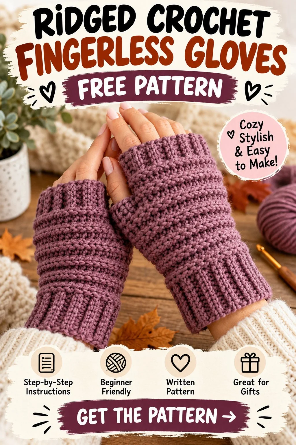 Ridged Crochet Fingerless Gloves - Free Pattern