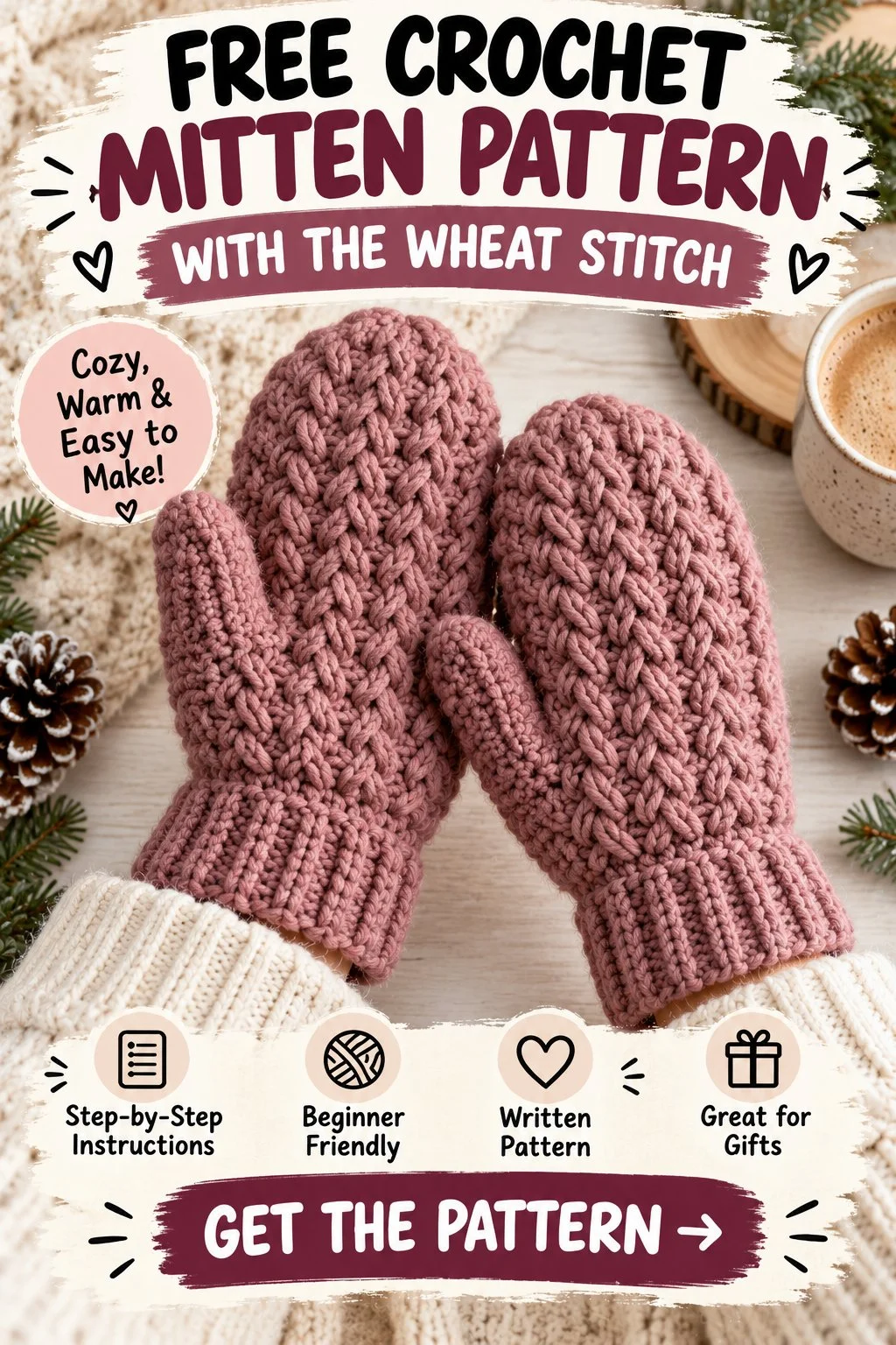 Free Crochet Mitten Pattern with the Wheat Stitch - 6 Sizes plus Video Tutorial