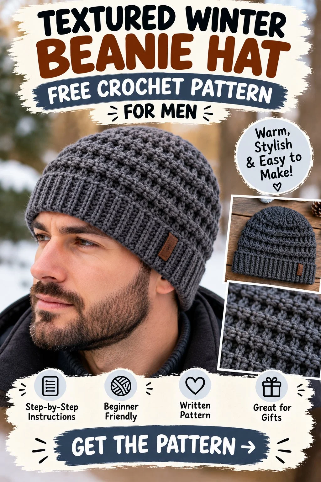 Textured Winter Beanie Hat Free Crochet Pattern for Men
