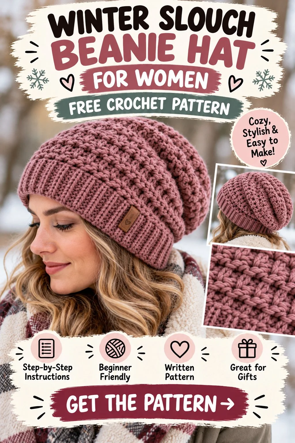 Winter Slouch Beanie Hat for Women - Free Crochet Pattern