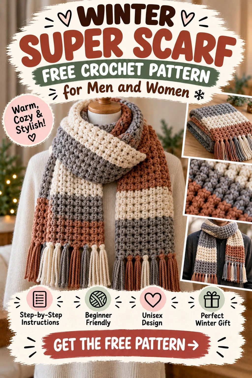 Winter Super Scarf Free Crochet Pattern for Men and Women