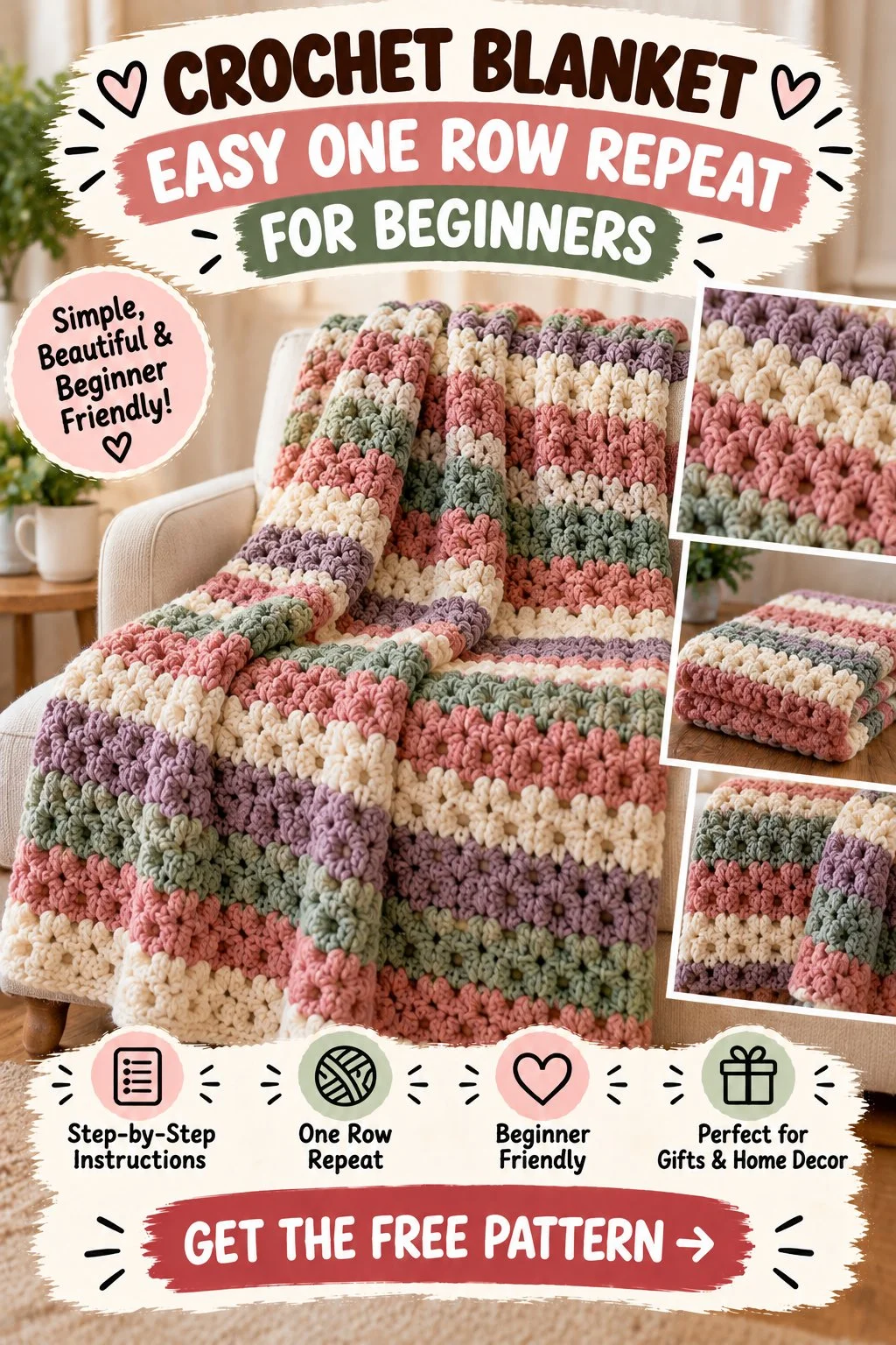 Crochet Blanket Easy One Row Repeat for Beginners